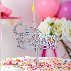 Свеча-топпер декоративная акриловая "С днём рождения" Серебро 