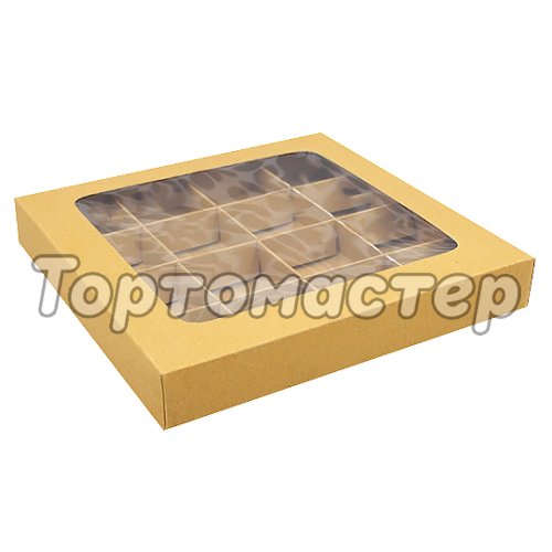 Коробка на 16 конфет с окошком Крафт 20х20х3 см УПП-17-К-со